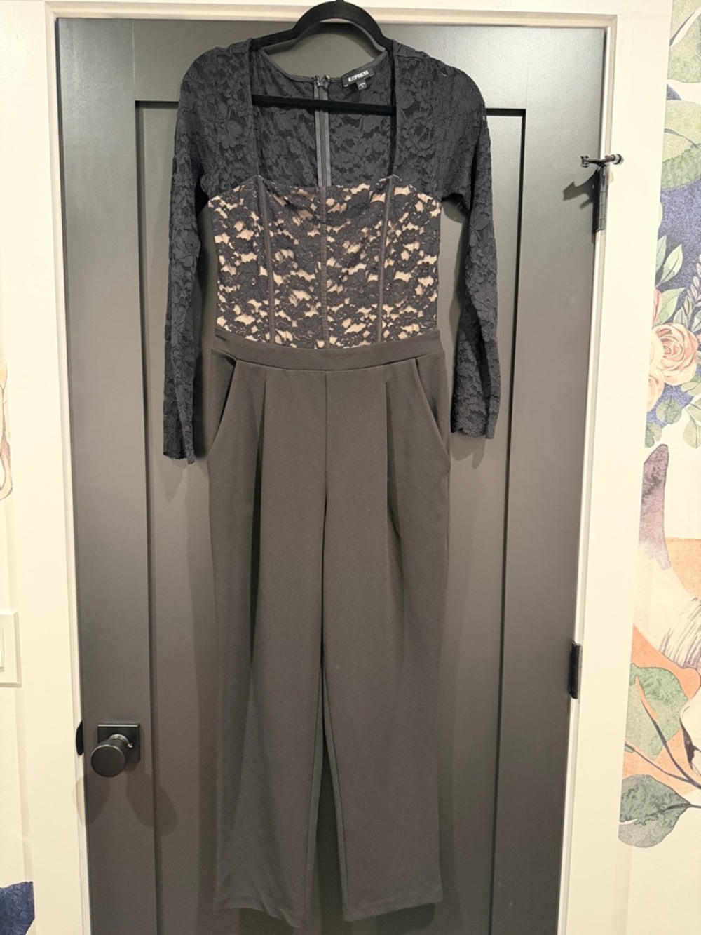 Express Black Lace-Overlay Jumpsuit with Nude Lining